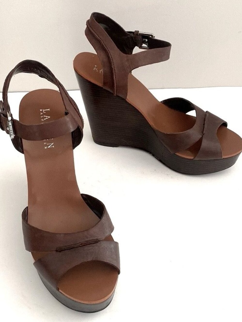 Lauren Ralph Lauren Chocolate Brown Wedges Strap sz 8.5 Feminine Vacation Preppy